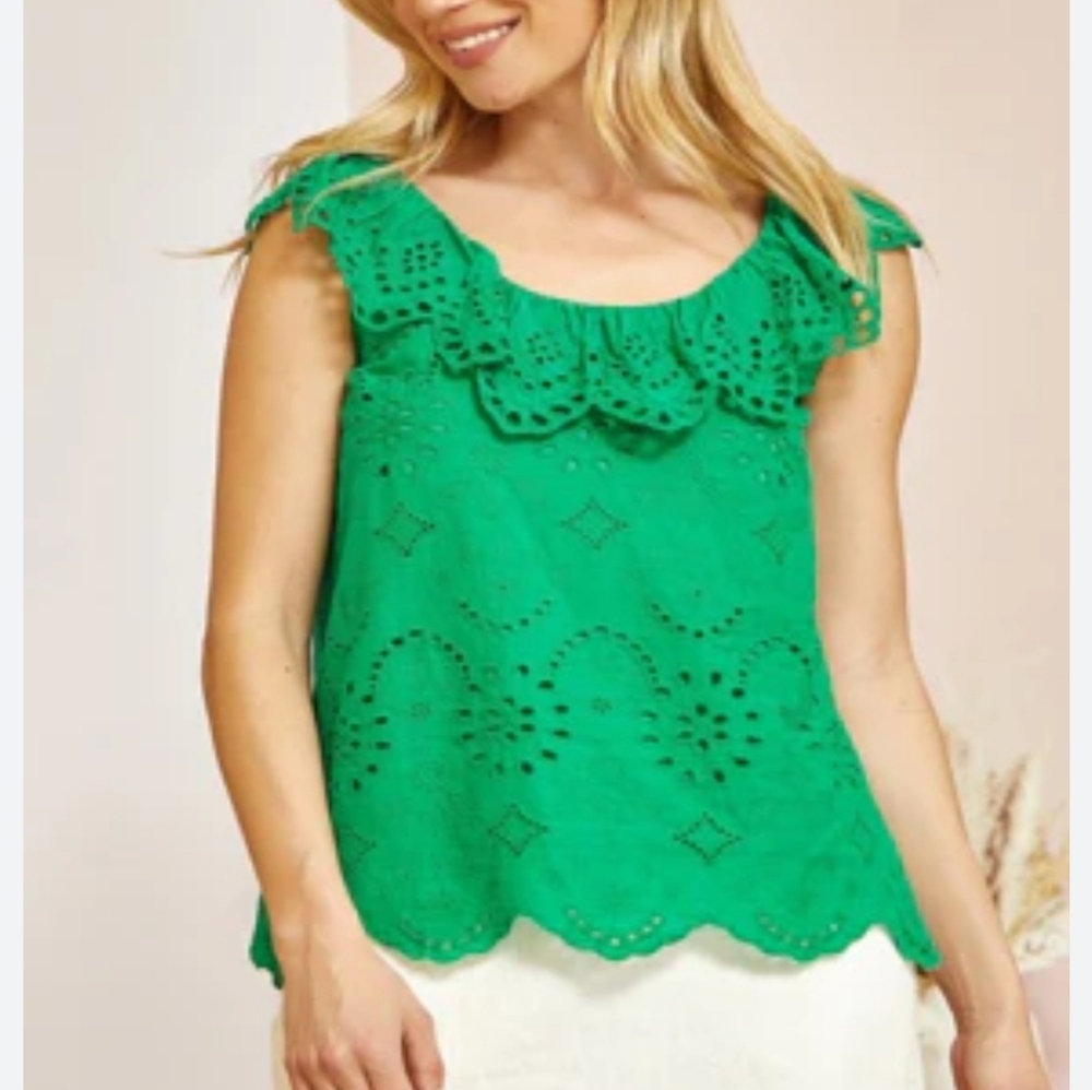 Andree Green Eyelet Ruffle Sleeveless Top